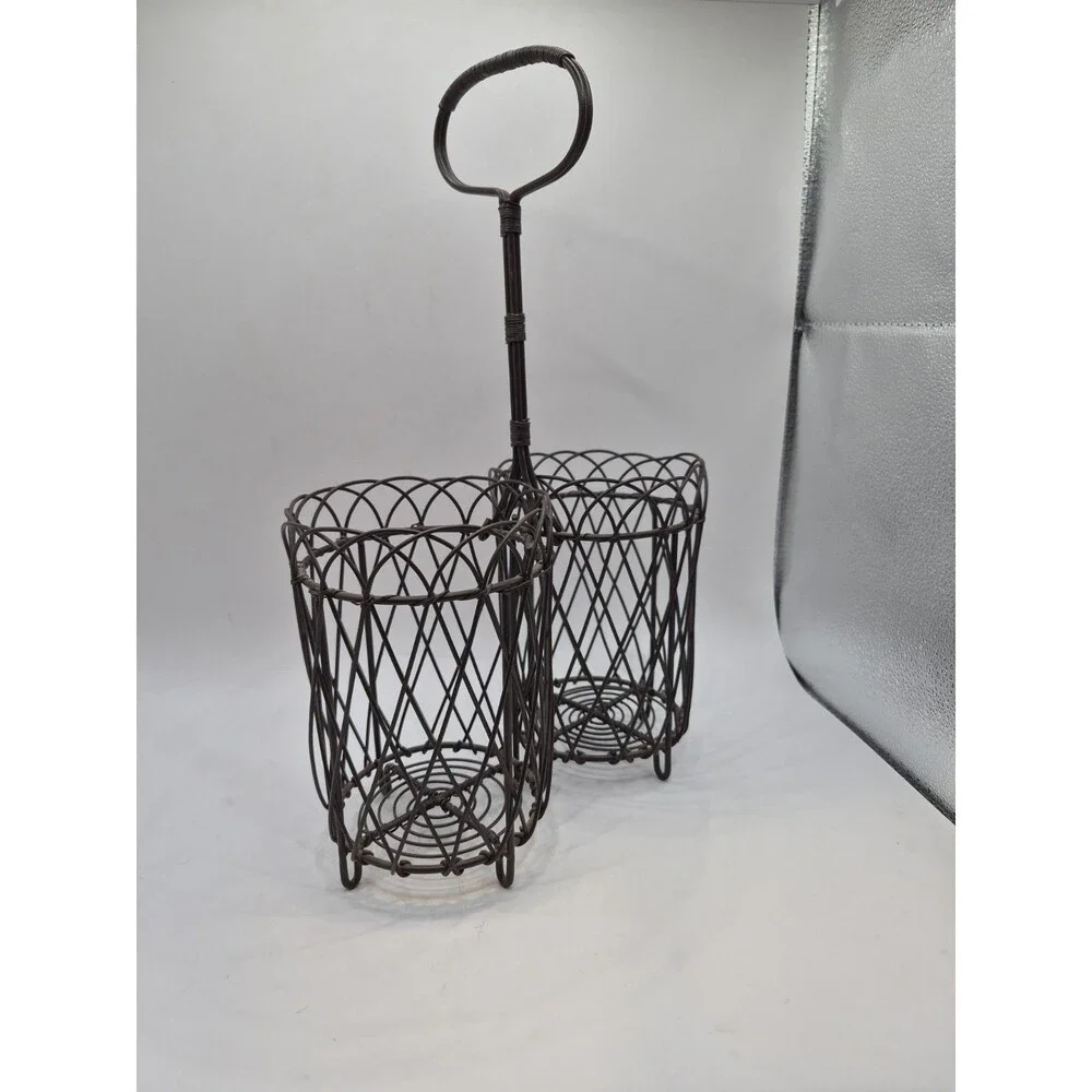 Metal Black Wire Wicker 2 Caddy Carrier Tote W/ Handle Wine Caddy Utensil Caddy